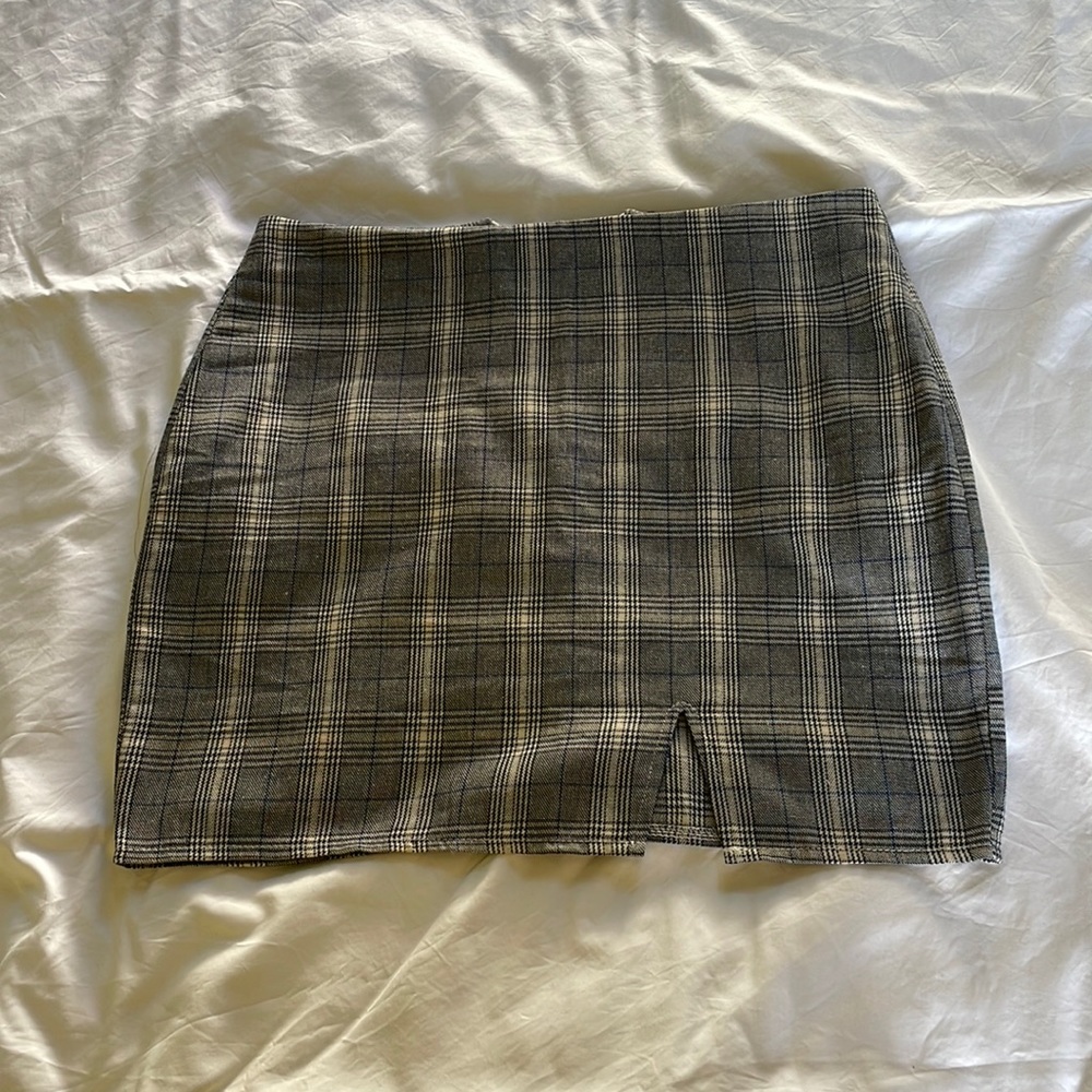 Gray and blue plaid mini skirt